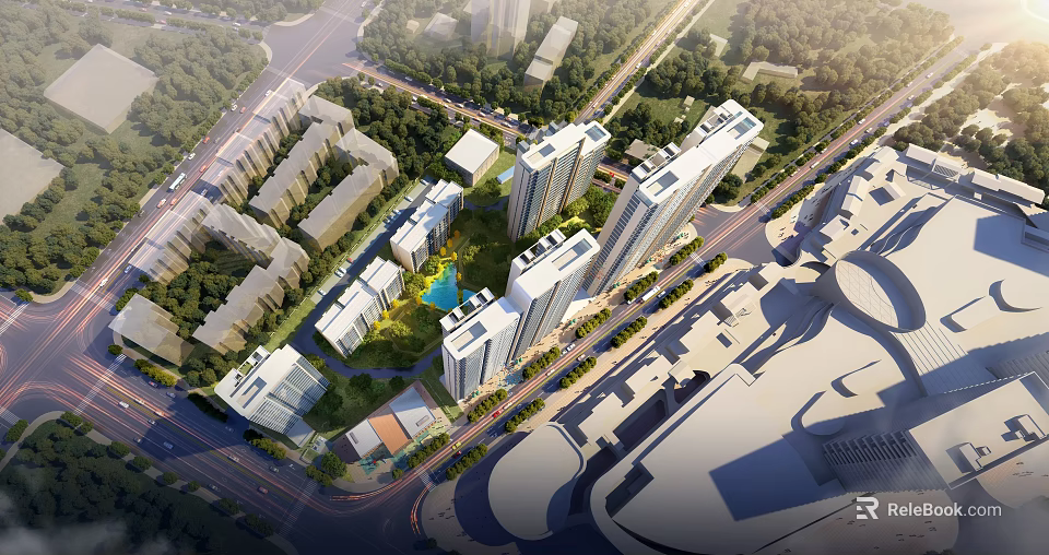 Aerial Planning of Urban Residential Area with High Rise Buildings and Green Spaces 3d model 