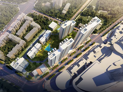 Aerial Planning of Urban Residential Area with High Rise Buildings and Green Spaces 3d model