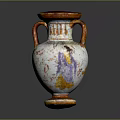 Traditional Two Handle Sculpted Vase With Carved Figure Patterns And White Orange Body