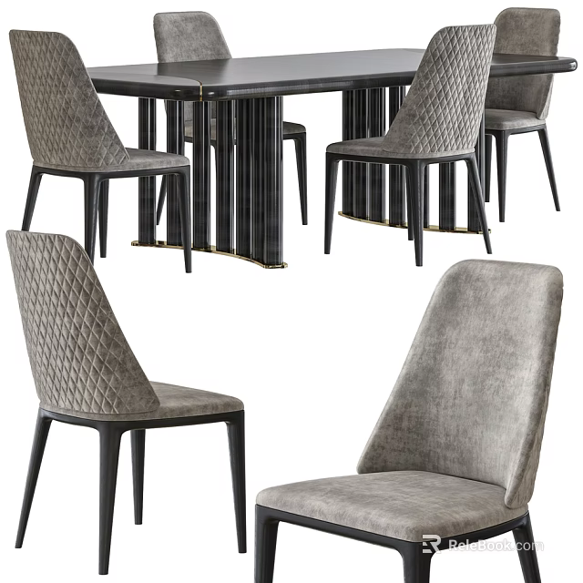 Modern Dining Table Set With Textured Gray Upholstered Chairs And Black Legs 3d model