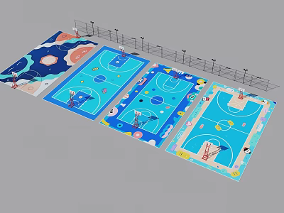 Vibrant Basketball Courts With Colorful Floor Patterns And Outdoor Lighting Systems 3d model