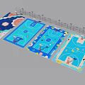 Vibrant Basketball Courts With Colorful Floor Patterns And Outdoor Lighting Systems