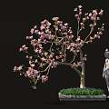 Bonsai Plant With Pink Blossoms And Elegant Branches In Decorative Square Pot With Stone Statue