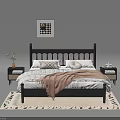 Stylish Bedroom Interior Featuring Black Headboard White Sheets Pink Blanket Nightstands Decorative Art And Rug