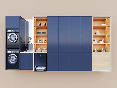 Modern Blue Balcony Cabinet with Washing Machine Open Shelves and Storage Space 3d model