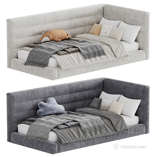 Upholstered Kids Bed in Gray with Plush Toys Blankets and Pillows 3d model 