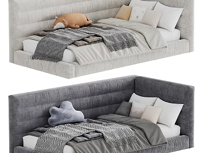 Upholstered Kids Bed in Gray with Plush Toys Blankets and Pillows 3d model