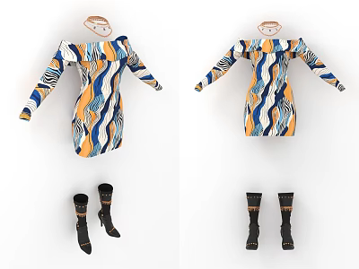Colorful Pattern Long Sleeve Dress Paired With Black High Heel Boots 3d model
