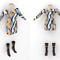 Colorful Pattern Long Sleeve Dress Paired With Black High Heel Boots