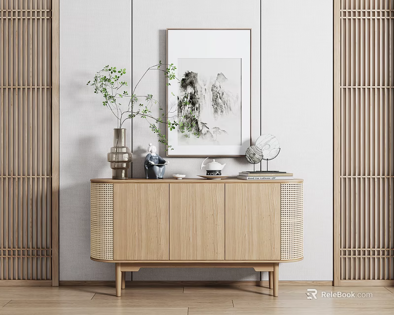 Modern Style Wooden Entryway Console Cabinet with Rattan Accents Decorative Artwork and Green Plant 3d model 