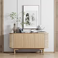 Modern Style Wooden Entryway Console Cabinet with Rattan Accents Decorative Artwork and Green Plant