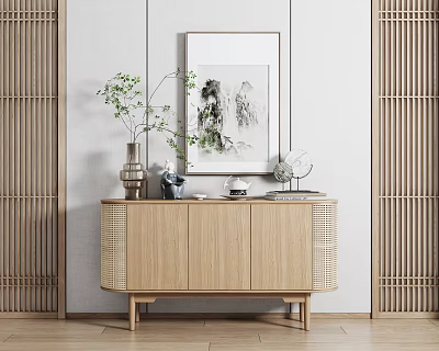 Modern Style Wooden Entryway Console Cabinet with Rattan Accents Decorative Artwork and Green Plant 3d model