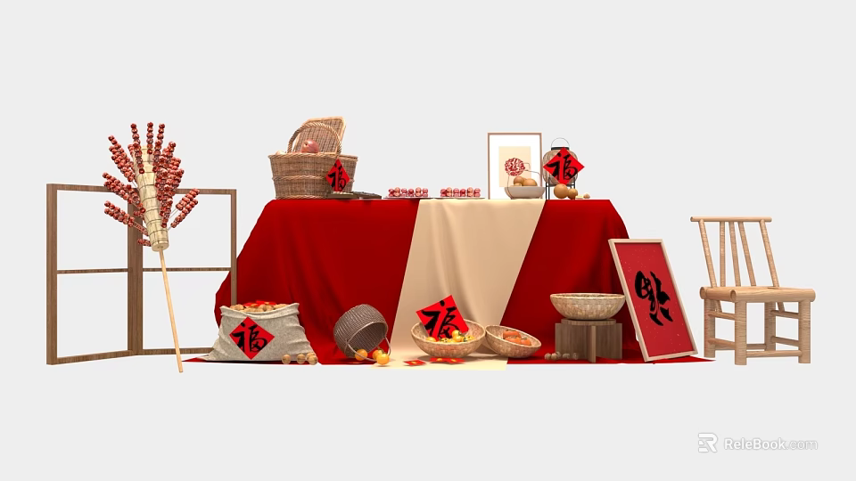 Festive Chinese New Year Photo Spot With Red White Tablecloth Fu Decorations And Corn Strings 3d model 