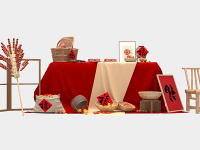 Festive Chinese New Year Photo Spot With Red White Tablecloth Fu Decorations And Corn Strings 3d model