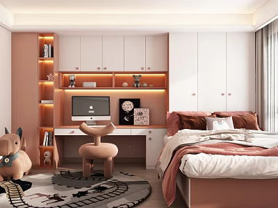 Warm Tone Tatami Bedroom Interior With Cozy Bedding Computer Desk And Bookshelf 3d model