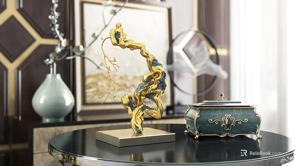 Elegant Modern Decorative Ornament Set With Gold Blue Dragon Shape And Green Box On Black Table 3d model 