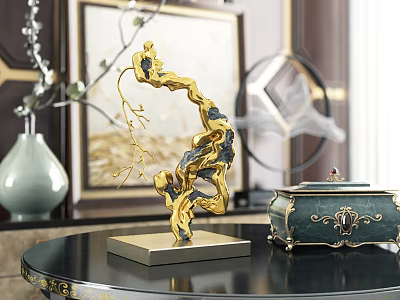 Elegant Modern Decorative Ornament Set With Gold Blue Dragon Shape And Green Box On Black Table 3d model