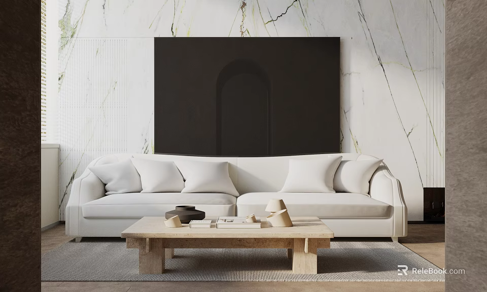 Modern Living Room with White Sofa Pillows Wooden Coffee Table Marble Wall Black Arched Painting 3d model 