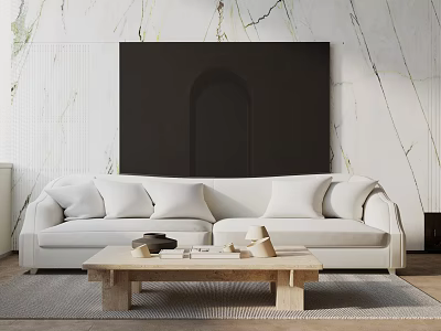 Modern Living Room with White Sofa Pillows Wooden Coffee Table Marble Wall Black Arched Painting 3d model
