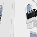 White Clock Tower With Red Dome Arched Doorways And Black Railings