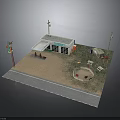 Modern Minimart Scene With Gas Pumps Outdoor Seating And Utility Poles