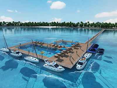 Scenic Waterfront Landscape With Wooden Dock Moored Yachts Blue Sea And Palm Trees 3d model