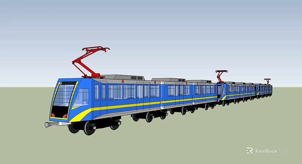 Blue Electric Tram Featuring Yellow Stripes Red Overhead Pantograph and Multiple Carriages 3d model 