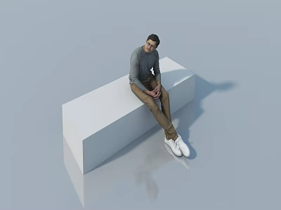 Man Sitting On White Rectangular Block In Gray Sweater Brown Pants White Sneakers 3d model