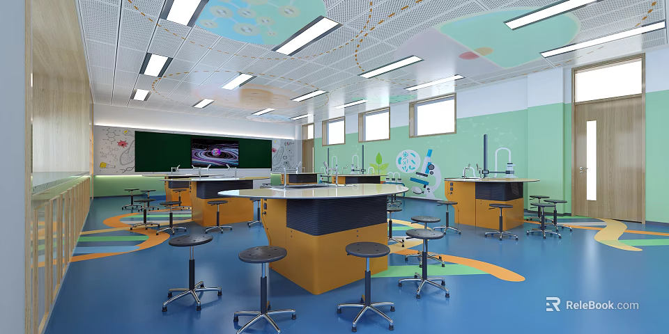 Modern Laboratory Interior Featuring Round Lab Tables Stools Sinks Bright Lighting And Science Decor 3d model