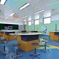 Modern Laboratory Interior Featuring Round Lab Tables Stools Sinks Bright Lighting And Science Decor 3d model