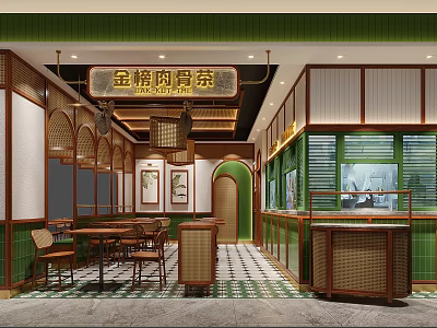 Traditional Chinese Restaurant Interior With Green Decor Wooden Elements And Dining Tables 3d model