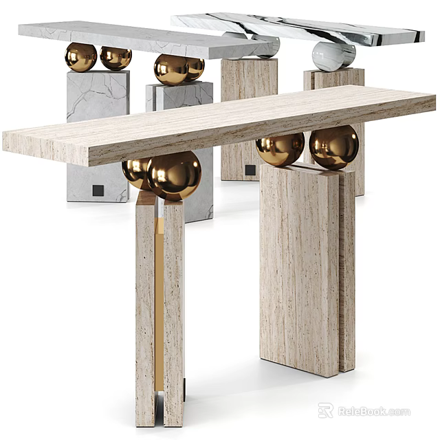Elegant Light Wood Console Table With Golden Spheres And Marble Pedestals 3d model 