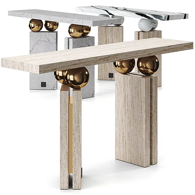 Elegant Light Wood Console Table With Golden Spheres And Marble Pedestals 3d model