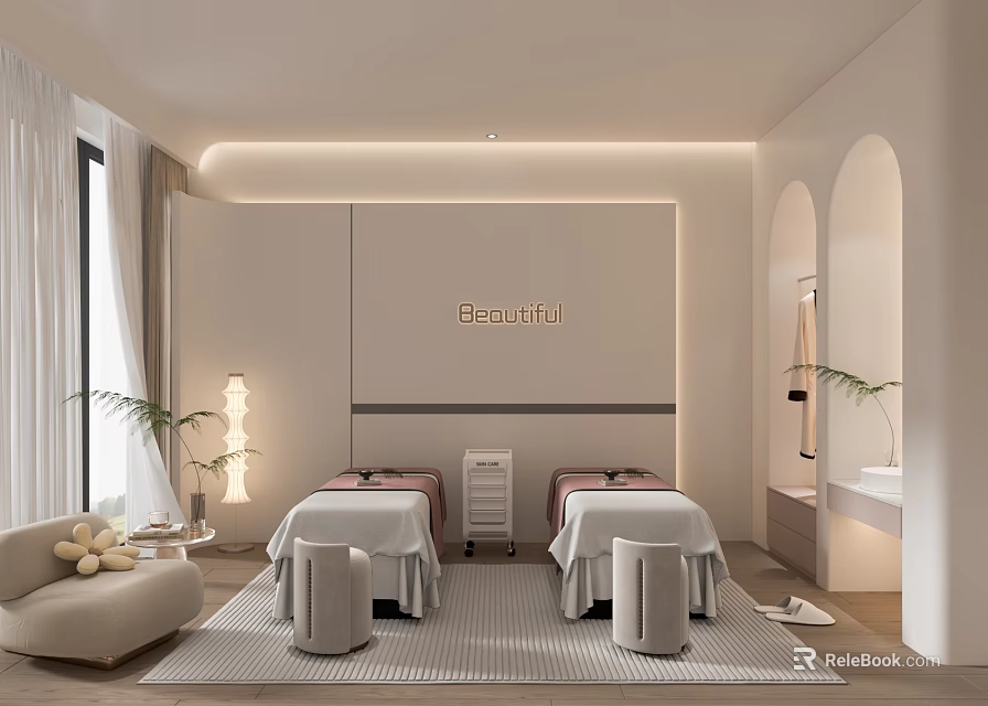 Modern Beauty Salon Interior With Comfortable Treatment Beds And Soft Lighting 3d model 