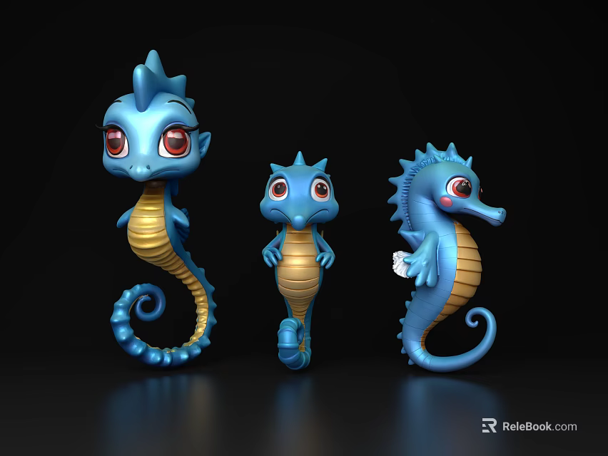 Cute Blue Aquatic Animals Cartoon Seahorses With Yellow Bellies Red Eyes On Black Background 3d model 