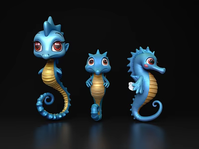 Cute Blue Aquatic Animals Cartoon Seahorses With Yellow Bellies Red Eyes On Black Background 3d model