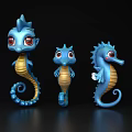 Cute Blue Aquatic Animals Cartoon Seahorses With Yellow Bellies Red Eyes On Black Background