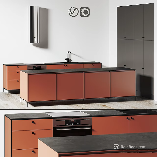 Modern Kitchen Interior With Orange Cabinets Black Countertop And Appliances 3d model 