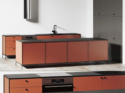 Modern Kitchen Interior With Orange Cabinets Black Countertop And Appliances 3d model