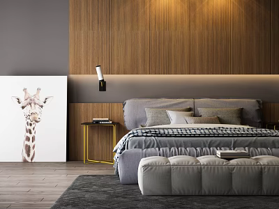 Modern Double Bed Bedroom With Wooden Wall Bedside Lamp Giraffe Painting And Ottoman 3d model