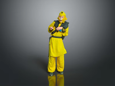 Yellow Costumed Character With Hood Black Belt Holding Blue Object Standing On Gray Background 3d model