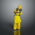 Yellow Costumed Character With Hood Black Belt Holding Blue Object Standing On Gray Background