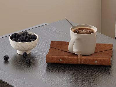 Fresh Blackberries In White Bowl With Scattered Berries And White Mug On Brown Leather Book 3d model