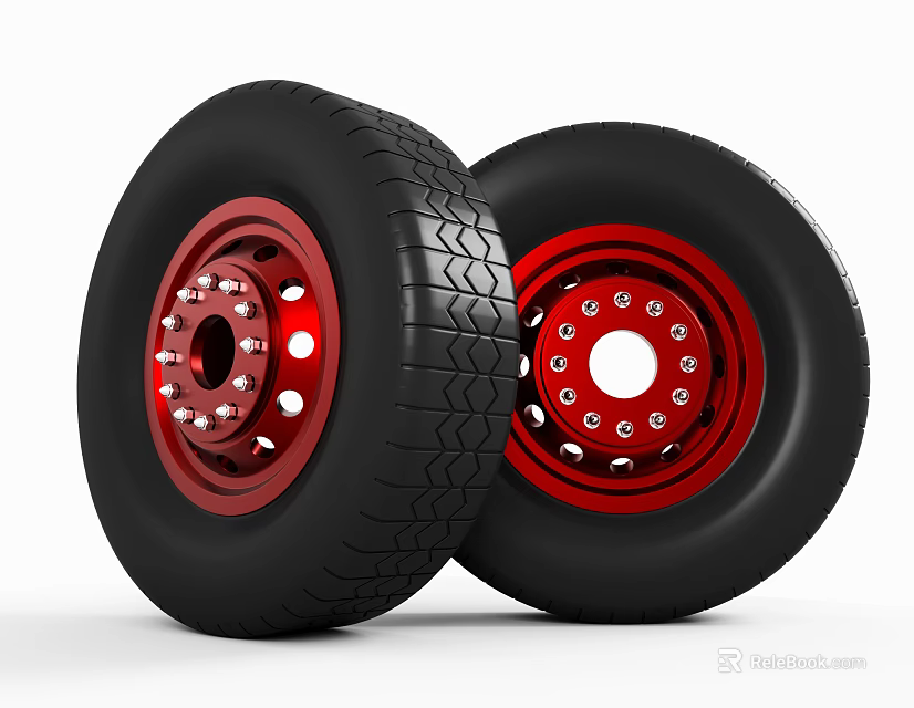 Two Car Tires with Black Tread and Red Rims Featuring Bolt Holes Design 3d model 