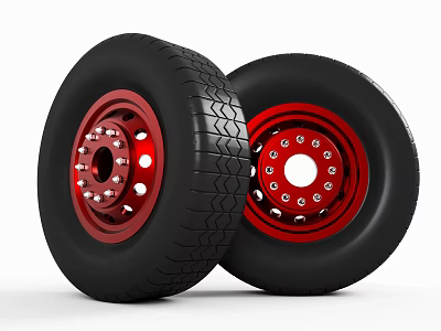 Two Car Tires with Black Tread and Red Rims Featuring Bolt Holes Design 3d model