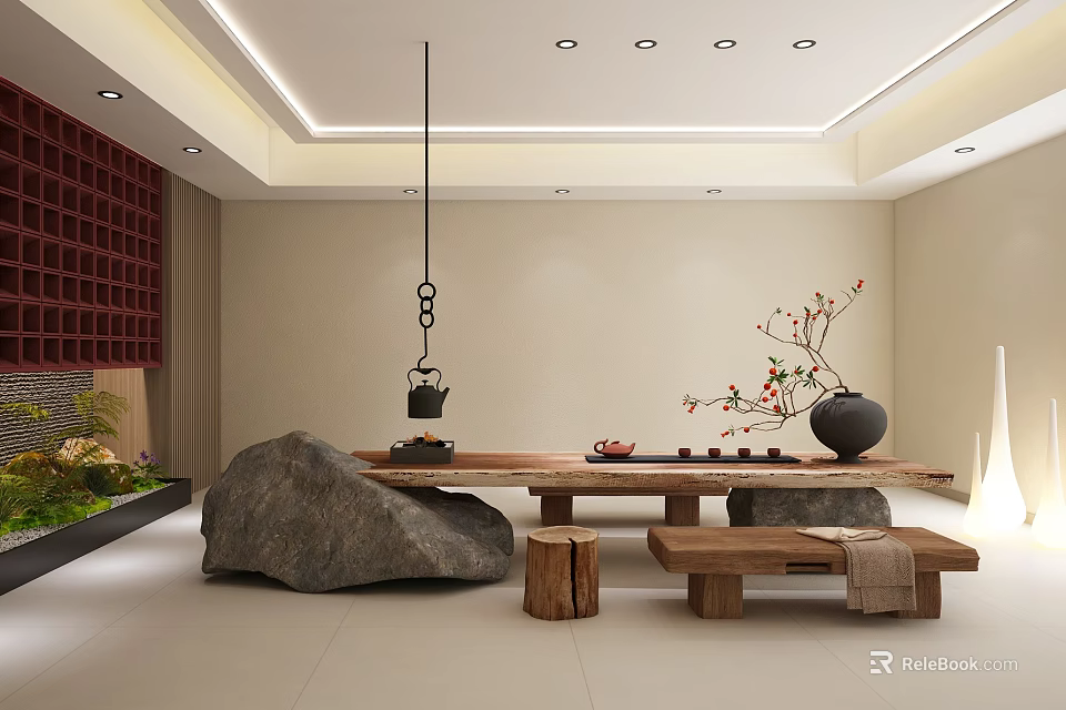 Modern Tea Room Interior With Rock Wooden Table Tea Set Flower Vase And Green Plants 3d model 