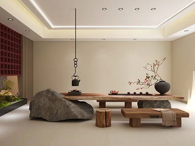 Modern Tea Room Interior With Rock Wooden Table Tea Set Flower Vase And Green Plants 3d model