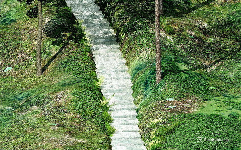 Scenic Municipal Road With Stone Slab Pavement Lined By Green Plants And Trees 3d model 