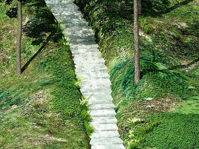 Scenic Municipal Road With Stone Slab Pavement Lined By Green Plants And Trees 3d model