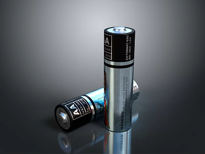 Silver Cylindrical Batteries With Black Labels Standing And Lying On Reflective Surface 3d model
